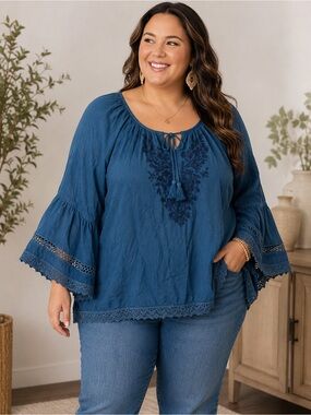 Plus Size Studio West Blue Embroidered Peasant Blouse with tassels